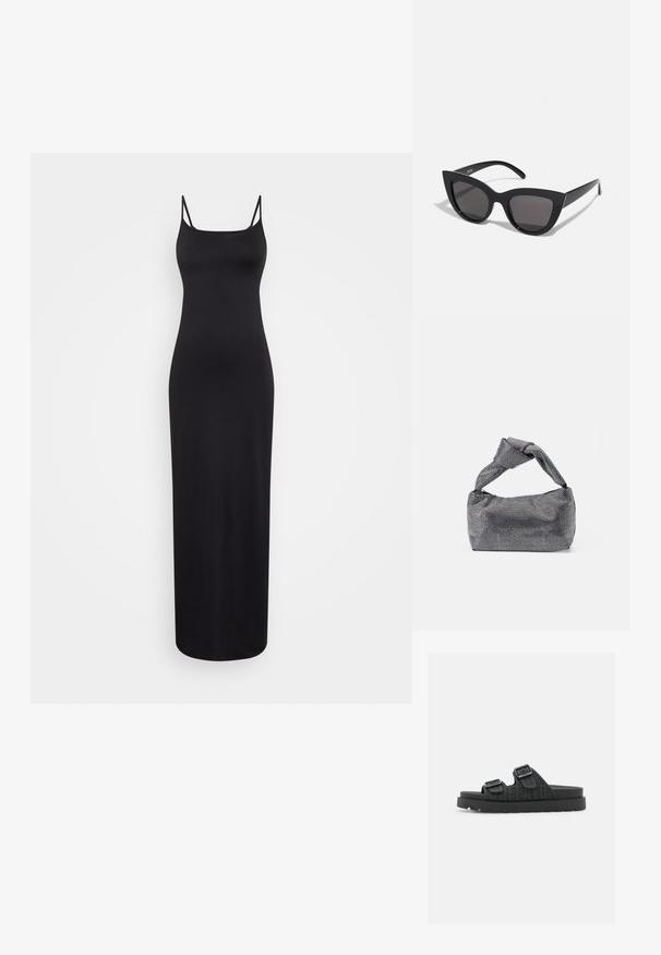 Weekday SOPHIE OPEN BACK DRESS - Maxi šaty - black; Čierne šľapky so dvoma nastaviteľnými prackami, so štruktúrovaným pásikom a robustnou podrážkou. Na boku je embosovaný nápis "BUFFALO".; Čierne slnečné okuliare v štýle mačacích očí s matným povrchom, so šedými tónovanými sklami, ostrými hranami a elegantnými bokovými ramenami. Názov značky je viditeľný na vnútornom ramene.; Čierna a strieborná kabelka s textúrovaným povrchom so vzorom diamantov, s uzlovou rukoväťou a štruktúrovaným tvarom.