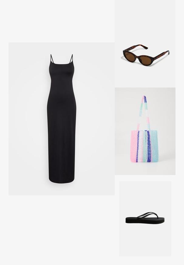 Weekday SOPHIE OPEN BACK DRESS - Maxi-jurk - black; Zwarte rubberen teenslipper met gestructureerd zool en Y-vormige band, zijaanzicht op een effen lichte achtergrond.; Bruine schildpad zonnebril met een vintage cat-eye vorm en bruine lenzen. Heeft gebogen armen met rode accenten.; Kleurvolle tas gemaakt van transparante kralen. Heeft strepen in roze, groen, blauw en wit. Twee stevige handvatten van kralen.