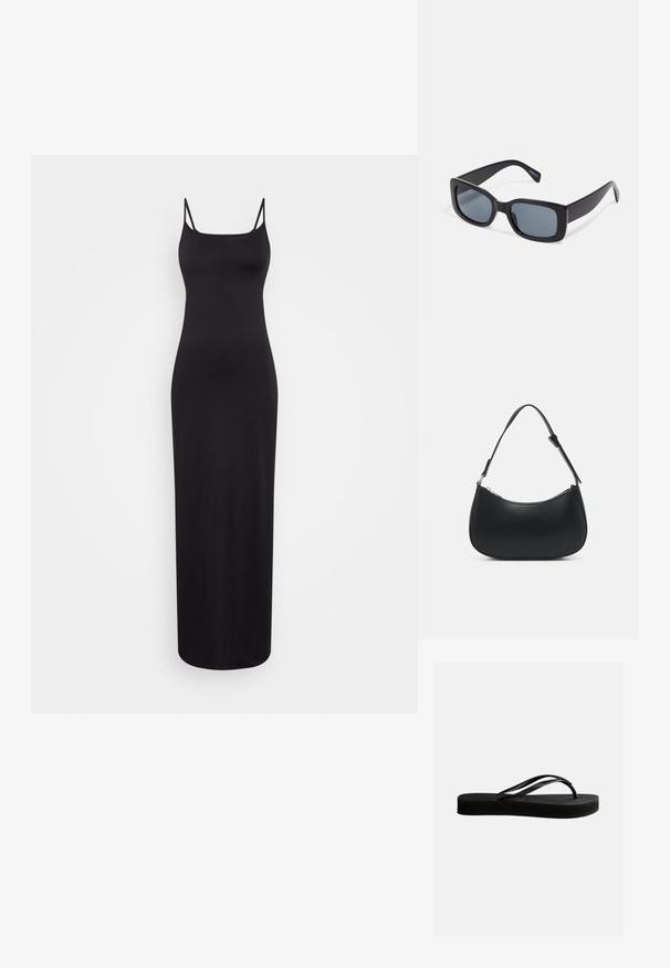 Weekday SOPHIE OPEN BACK DRESS - Maxikjole - black; Svart gummikflip-flop med teksturert såle og Y-formet stropp, vist i sideprofil mot en jevn, lys bakgrunn.; Sorte rektangulære solbriller med mørkt tonede linser, tykk plastramme og brede stenger. Glatt overflate og vinklet design.; Pieces PCALUANA SHOULDER BAG - Håndveske - black