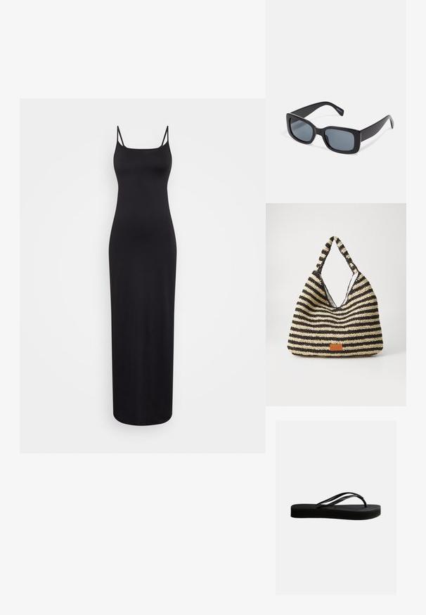 Weekday SOPHIE OPEN BACK DRESS - Vestido largo - black; Chancla negra de goma con suela texturizada y correa en forma de Y, mostrada en vista lateral sobre un fondo liso y claro.; Gafas de sol rectangulares negras con lentes oscuros, montura de plástico grueso y patillas anchas. Superficie lisa y diseño anguloso.; Bolsa tejida a rayas en negro y beige, con un diseño holgado, superficie texturizada y un pequeño parche de cuero.