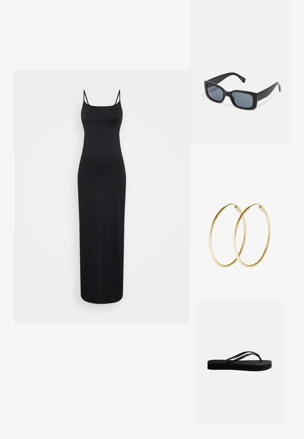 Weekday SOPHIE OPEN BACK DRESS - Maxikjoler - black; Sort gummiflipflop med tekstureret sål og Y-formet rem, vist i sideprofil mod en ensartet lys baggrund.; Sorte rektangulære solbriller med mørkt tonede linser, tyk plastramme og brede stænger. Glat overflade og kantet design.; Guld hoops øreringe med et glat, rundt design og en blank finish. Letvægts konstruktion med en sikker låsemekanisme.