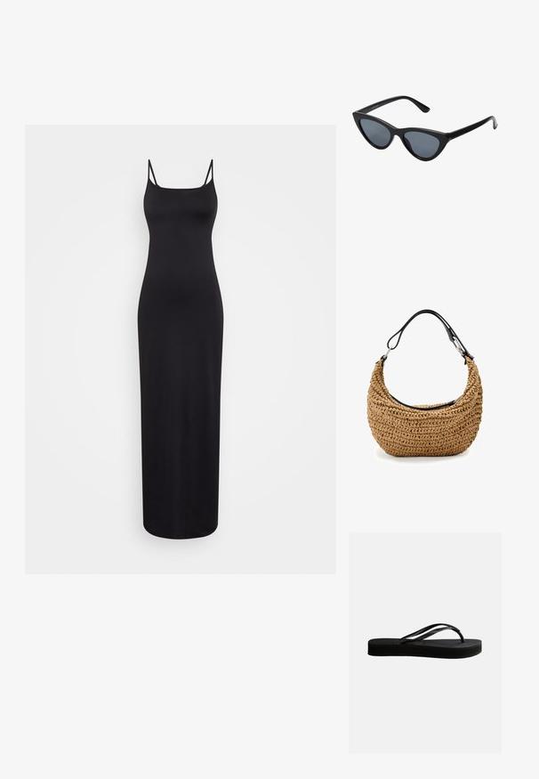 Weekday SOPHIE OPEN BACK DRESS - Maxi-jurk - black; Zwarte rubberen teenslipper met gestructureerd zool en Y-vormige band, zijaanzicht op een effen lichte achtergrond.; Zwarte cat-eye zonnebril met donkergrijze lenzen, slank plastic frame, puntige hoeken en rechte pootjes. Geen zichtbare hardware of accenten.; Gevlochten strohandtas in beige met een gebogen silhouet, voorzien van een zwarte leren band en zilverkleurige metalen accenten. Gestructureerde afwerking.