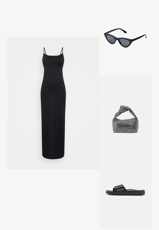 Weekday SOPHIE OPEN BACK DRESS - Vestido largo - black; Chancla negra con una correa ancha, hebilla ajustable, suela plana y textura mate suave. Diseño simple sin patrones adicionales.; Gafas de sol negras en forma de ojo de gato con lentes gris oscuro, marco de plástico elegante, esquinas puntiagudas y patillas rectas. Sin herrajes ni acentos visibles.; Bolso de mano negro y plateado con una superficie texturizada que presenta un patrón de diamante, un asa anudada y una forma estructurada.