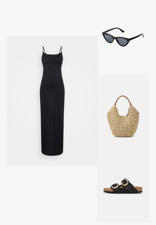 Weekday SOPHIE OPEN BACK DRESS - Maxi-jurk - black; Zwarte suède instapsandalen met twee brede bandjes, elk met een grote gouden gesp, en een natuurlijke kurken voetbed met een gestructureerde rubberen zool.; Zwarte cat-eye zonnebril met donkergrijze lenzen, slank plastic frame, puntige hoeken en rechte pootjes. Geen zichtbare hardware of accenten.; Geweven rieten tas met een natuurlijke textuur en een zachte, organische vorm, met bruine leren handvatten voor eenvoudig dragen.