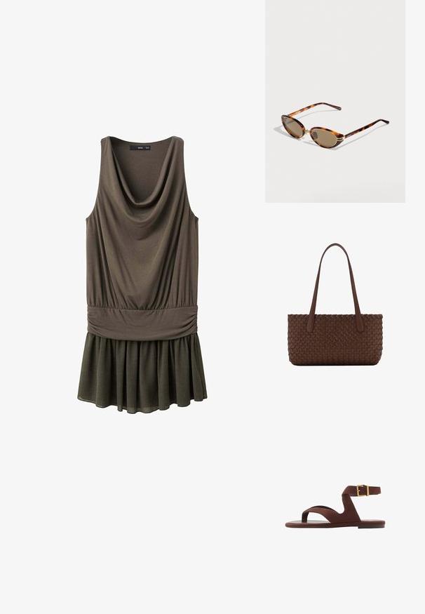 Vestido sin mangas de color verde oliva con escote drapeado, cintura ceñida y dobladillo de falda plisado, presentado sobre un fondo blanco liso.; Sandalia de ante marrón con un diseño sin hebillas, correa en el tobillo con hebilla y suela plana. Punta abierta con una textura suave.; Gafas de sol ovaladas con montura carey, lentes marrones y finos detalles dorados, descansando sobre una superficie gris clara.; Bolso de mano de cuero marrón con un patrón de textura tejida, con dos asas largas y delgadas para llevar al hombro.