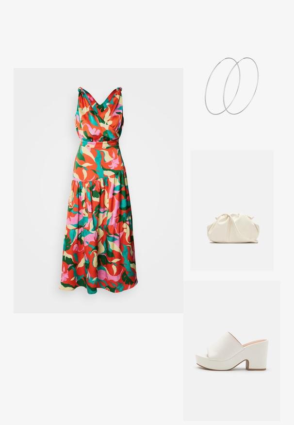 Robe florale multicolore aux teintes de rouge, rose, vert et jaune, avec un buste drapé en V et une jupe à volants.; Mules à plateforme blanches avec une finition lisse, un design ouvert à l'avant et un talon épais. Présentent une couture supérieure subtile et une semelle contrastante.; Pochette en cuir souple couleur crème avec un design froncé et une fine bandoulière reposant à l’avant sur un fond uni.; Boucles d'oreilles en argent au design minimaliste. Forme circulaire, texture lisse et profil fin. Légères avec une finition polie.