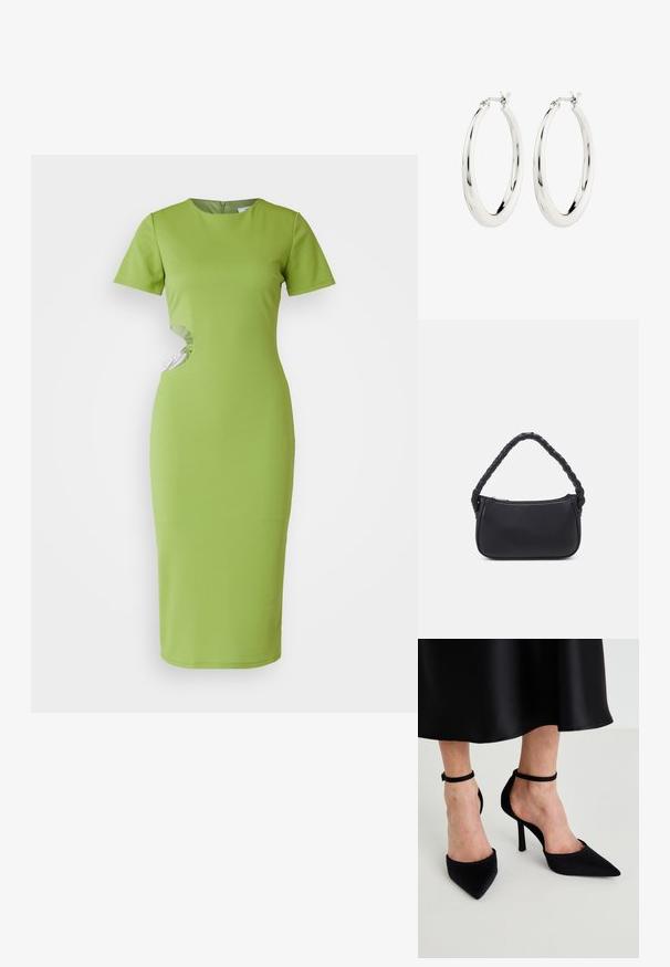 WAL G. TALIA CHAIN - Gallakjole - olive green; Sorte spidse hæle lavet af glat stof med en stiletto hæl og en smal ankelrem, der har et åbent sideskud.; Sort håndtaske med en rund form, lavet af glat materiale. Har et flet håndtag og en lynlåslukning for sikker opbevaring.; Sølvøreringe i form af hoops med en glat, blank finish. Cirkulær form, der har en sikker lås. Simpelt og elegant design.