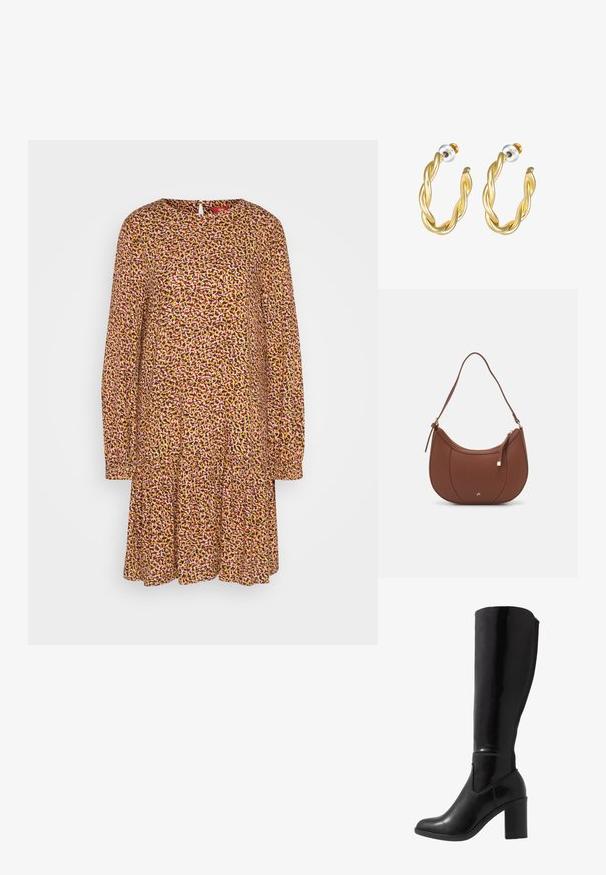 Robe à manches longues, longueur genou, dans un motif floral éclatant présentant des nuances de jaune, rose et marron, avec un ourlet à volants froncés.; Bottes noires à talons vernies hauteur genou, avec un bout arrondi, une texture lisse, un détail de découpe sur le côté et un talon empilé chunky.; Sac à épaule en faux cuir brun, de forme arrondie, avec des coutures minimales et un accent en matériel doré. Il possède une fermeture zippée sur le dessus et une sangle réglable.; Boucles d'oreilles créoles dorées torsadées avec une surface lisse, présentant un dos transparent et une quincaillerie dorée.