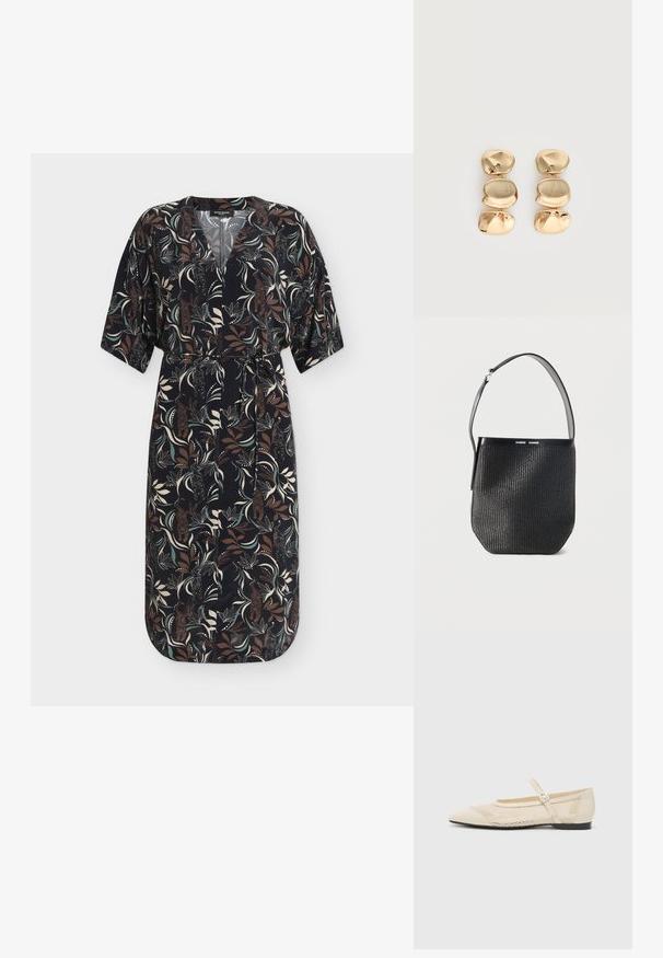 Schwarzes knielanges Kleid mit kurzen Ärmeln, V-Ausschnitt, Taillengürtel und mehrfarbigen abstrakten Blatt- und Blumenmustern in Braun, Creme und Grün.; Beige Ballerinas mit spitzem Zeh, einer Überlagerung aus Netzdesign und einem seitlichen Schnallenriemen. Flache Sohle mit glatter Textur.; Schwarze gewebte Bucket-Bag mit einem verstellbaren Schulterriemen und einem glatten Lederbesatz oben, mit dem Branding "SAMSØE SAMSØE."; Ohrhänger in Goldoptik mit drei unregelmäßigen, glatten, abgerundeten Segmenten, die vertikal auf einem schlichten, hellen Hintergrund gestapelt sind.