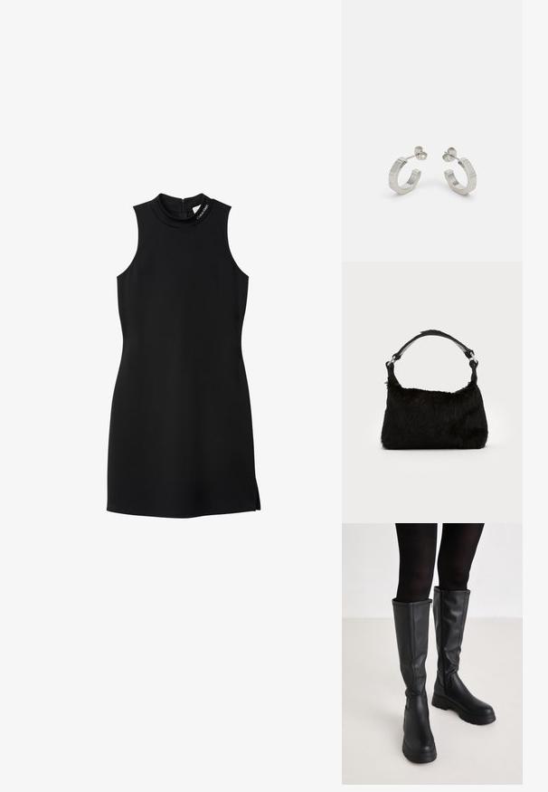 Ärmelloses schwarzes Minikleid mit hohem Kragen, dezentem Seitenschlitz und "Calvin Klein"-Logo in der Nähe des Kragens.; Even&Odd Plateaustiefel - black; Schwarze Kunstfell-Handtasche mit weicher Textur, runder Form und einem stabilen schwarzen Leder-Schulterriemen. Sichtbare silberne Hardware-Akzente.; Silberne Metall-Hoops mit strukturiertem Design, ausgestattet mit einem kleinen Steckverschluss und Branding an einem Hoop. Abgerundete Form mit glänzender Oberfläche.