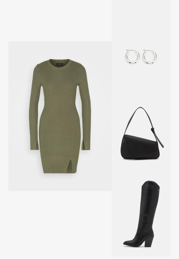 Even&Odd RIB MINI DRESS - Šaty do práce - olive; RAID LAKELYN - Topánky na vysokom opätku - black; Čierna kožená kabelka s trojuholníkovým tvarom, šikmým klopou a zaoblenou rukoväťou. Má hladkú textúru a minimalistické dizajnové detaily.; Strieborné kruhové náušnice s lešteným povrchom, ktoré majú kruhový tvar a závesné zapínanie. Hladký povrch s minimálnymi detailmi.