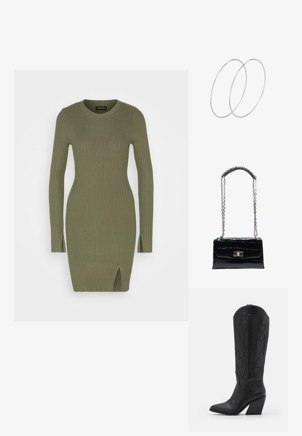 Even&Odd by Zalando RIB MINI DRESS - Šaty do práce - olive; Čierne kožené kovbojské topánky s špicatou špičkou, zúženým stohovaným podpätkom a dekoratívnym prešívaním pozdĺž strán.; Čierna kožená kabelka s krokodílím vzorom, striebornou zámkou so zatváraním na otočenie a dlhým strieborným reťazcom s koženou ramennou podložkou.; Strieborné kruhové náušnice s minimalistickým dizajnom. Cirkulárny tvar, hladký povrch a tenký profil. Ľahké s lesklým povrchom.