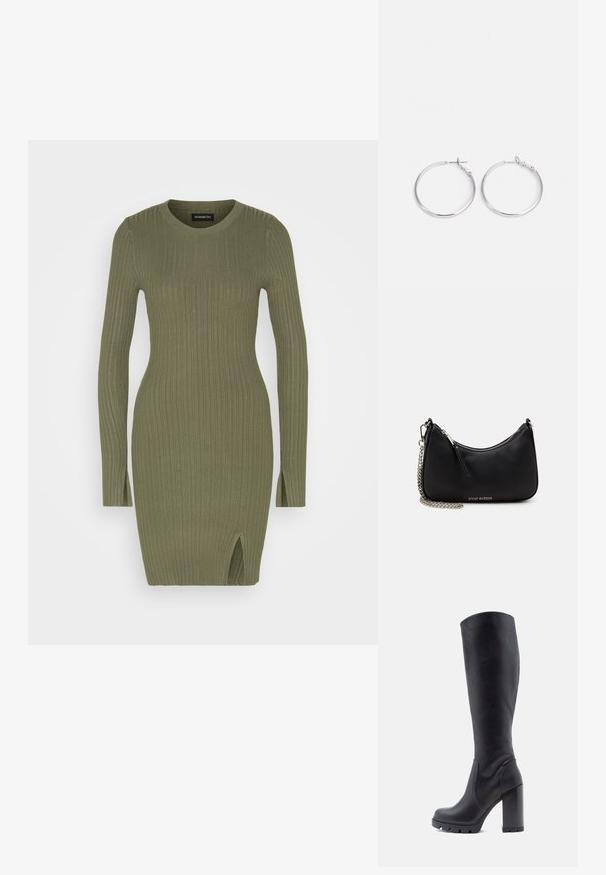 Even&Odd by Zalando RIB MINI DRESS - Robe fourreau - olive; Botte noire montante, en cuir lisse, avec un talon épais, un bout rond, une semelle texturée avec adhérence, au design élégant sans embellissements.; Sac à main synthétique noir avec une forme courbée, une bandoulière en chaîne argentée, une fermeture éclair et un logo de marque en relief à l'avant. Texture lisse.; sweet deluxe EARRING - Boucles d'oreilles - silver-coloured