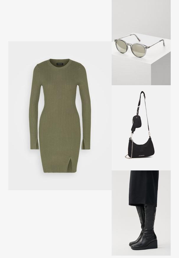 Even&Odd by Zalando RIB MINI DRESS - Robe fourreau - olive; Bottes noires en cuir montantes avec un talon compensé, présentant une texture lisse et une fermeture éclair sur le côté. Conçues avec une silhouette ajustée et élégante.; Lunettes de soleil rondes avec des montures grises transparentes et des verres teintés en gris. Éléments en métal sur les branches et bras courbés pour la stabilité.; Sac en nylon noir à l'épaule avec une forme incurvée, accent en chaîne argentée, pochette mini amovible et bandoulière ajustable ; présente le logo "Steve Madden".
