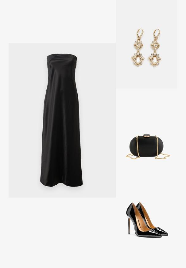 Vestido largo sin mangas de satén negro, con un diseño sencillo, textura suave y silueta fluida.; Par de tacones altos de charol negro brillante con punta afilada, tacones de aguja y forro interior color beige sobre fondo blanco.; Bolso de mano tipo clutch ovalado negro con superficie lisa, correa de cadena dorada y cierre redondo negro y dorado en la parte superior sobre un fondo blanco.; Pendientes colgantes en tono dorado con un diseño de racimo que incluye cristales claros en forma redonda y de lágrima, mostrando un detallado intrincado.