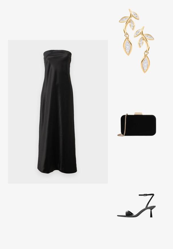 Schwarzes strapless Maxikleid aus Satinmaterial, mit einem schlichten Design, glatter Textur und fließender Silhouette.; Bershka High Heel Sandalette - black; Schwarze Samt-Clutch mit goldfarbener Hardware, rechteckiger Form und Kettenriemen, mit glatter Textur und ohne sichtbare Muster.; DIAMANT L'ÉTERNEL Ohrringe - gold coloured