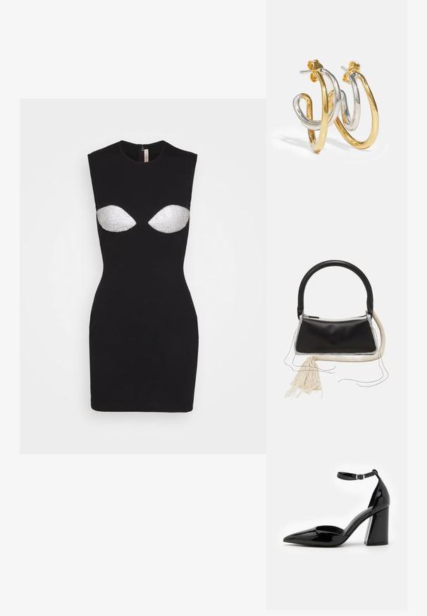 Christopher Kane BODYCON BUST DRESS - Vestido ligero - black; Zapato de tacón alto de charol negro con punta afilada, correa en el tobillo y ancho tacón bloque para mayor estabilidad, con una textura suave y brillante.; Bolso de cuero negro con un asa redondeada, cremallera plateada, ribete de piel de oveja blanca, y un largo borlón crema unido a la parte delantera.; Pendientes de aro entrelazados en oro y plata con acabados suaves y brillantes; cuentan con un cierre de presión para un uso seguro.