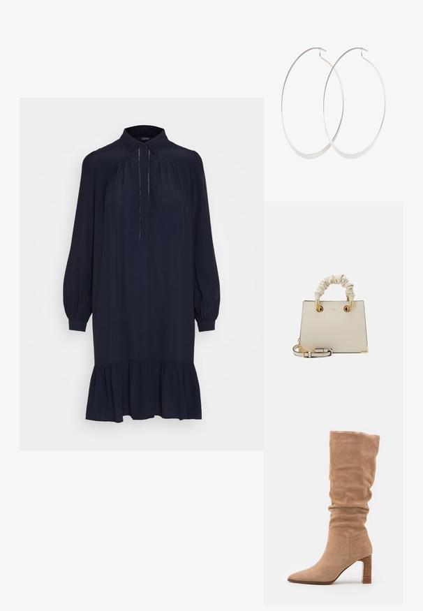 Esprit Collection VOLANT DRESS - Tričkové šaty - navy; Semišové čižmy po kolená v béžovej farbe s voľným dizajnom, špicatou špičkou a pevnou, drážkovanou blokovou pätou. Hladká textúra a elegantný tvar.; ALDO BILITHA - Kabelka - bone/gold-coloured; Strieborné kruhové náušnice s tenkým, hladkým dizajnom; predĺžený oválny tvar; lesklý povrch; majú bezpečné uzatváranie na háčik.