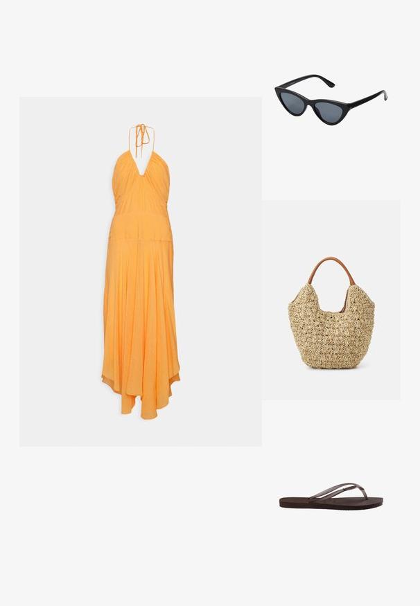 DKNY S/L CRINKLE RAYON HALTER MAXI DRESS - Cocktail φόρεμα / Φόρεμα για πάρτι - canteloupe; Καφέ λαστιχένια σαγιονάρα με υφασμένη σόλα και λεπτά λουράκια με μικρή διακοσμητική μεταλλική λεπτομέρεια στο πλάι.; Μαύρα γυαλιά ηλίου cat-eye με σκούρους γκρίζους φακούς, κομψό πλαστικό σκελετό, μυτερές γωνίες και ίσιους βραχίονες. Χωρίς ορατό υλικό ή διακοσμητικά στοιχεία.; Υφασμένη τσάντα από ψάθα με φυσική υφή και μαλακή, οργανική μορφή, διαθέτοντας καφέ δερμάτινες λαβές για εύκολη μεταφορά.