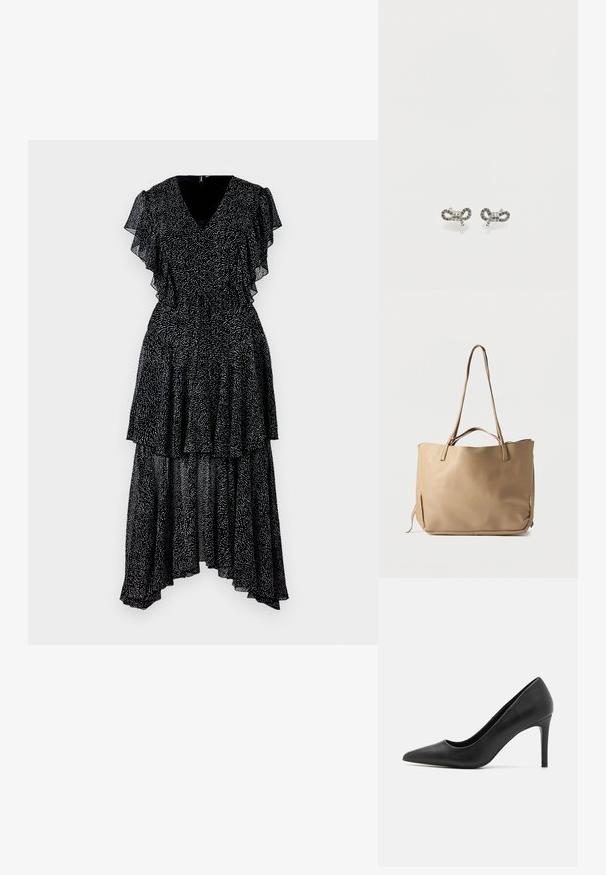Zwarte jurk met lagen ruffles aan de mouwen en een V-hals. Kenmerkt zich door een stippenpatroon, een high-low zoom en een getailleerde taille. Lichtgewicht stof.; Zwarte hoge hakpumps met een spitse neus, gemaakt van glad leer, met een slank ontwerp en een dunne, cilindrische hak.; Beige leren totebag met twee lange schouderbanden, een getextureerd oppervlak en een minimalistisch design. Heeft een open bovenzijde en zijstrikken.; Kleine zilveren oorbellen in de vorm van een strik, versierd met transparante en zwarte strasstenen, op een effen witte achtergrond.