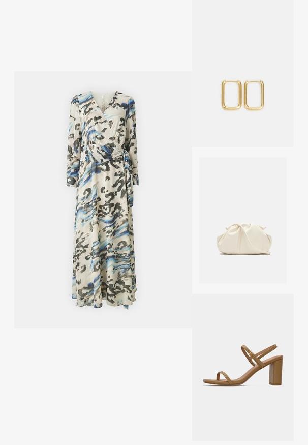 Vestido largo tipo envolvente en una tela ligera con un patrón abstracto en azul, negro y crema, con mangas largas y cintura ajustada con un lazo.; Sandalias de tacón de color marrón claro con dos correas delgadas y un tacón cuadrado. Material suave con un diseño minimalista y un pequeño detalle de hebilla dorada.; Bolso de mano de cuero suave de color crema con diseño fruncido y plisado y una delgada correa para el hombro que descansa delante sobre un fondo liso.; Pendientes de aro de metal dorado con forma cuadrada, bordes suaves y un acabado pulido, que reflejan la luz con una superficie brillante.