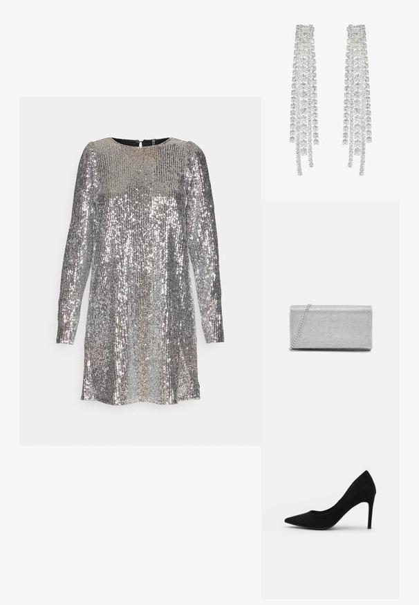Pieces PCNIRI LS SHORT DRESS - Cocktailkjole / festkjole - silver; Sort ruskind højhælet pumpe med spids tå, glat overflade og slank stiletthæl. Klassisk design med en elegant silhouette.; Sølvmetallic clutchtaske med vævet netdesign, rektangulær form og en kædestrop til at bære. Glat tekstur og poleret finish.; Lange sølvøreringe med en række klare, facetterede krystaller i kaskadeformede strenge med varierende længder og former.