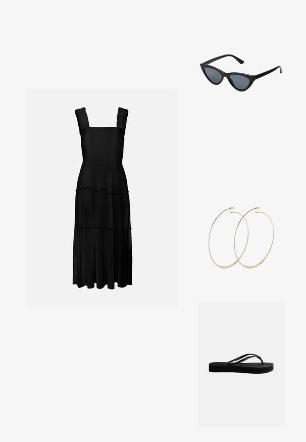 Vestido midi negro sin mangas con tirantes anchos y detalles de volantes en capas en la falda sobre un fondo claro y liso.; Chancla negra de goma con suela texturizada y correa en forma de Y, mostrada en vista lateral sobre un fondo liso y claro.; Gafas de sol negras en forma de ojo de gato con lentes gris oscuro, marco de plástico elegante, esquinas puntiagudas y patillas rectas. Sin herrajes ni acentos visibles.; Pilgrim Pendientes - gold-coloured