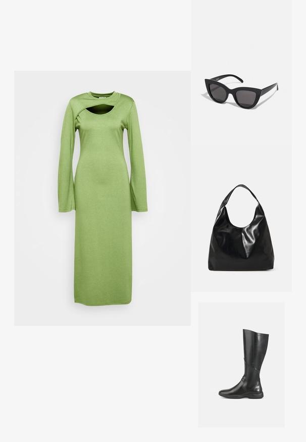 Robe à manches longues en mélange de coton vert clair, avec un décolleté bateau et un détail découpé, présentant une silhouette ajustée.; Bottine noire en cuir jusqu'au genou avec une finition lisse, un bout arrondi et une semelle douce. Présente une silhouette moderne et des accents de couture minimalistes.; Lunettes de soleil noires en forme d'œil de chat avec une finition mate, dotées de verres teintés gris, d'angles aigus et de branches élégantes. Nom de la marque visible sur la branche intérieure.; Sac hobo en cuir noir avec une texture douce et brillante et un haut ouvert arrondi. Dispose d'une large sangle courbée pour le transport. Pas de matériel visible.