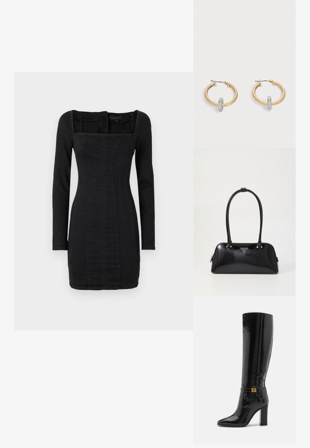 Robes noires à manches longues avec encolure carrée, design ajusté et texture semblable à celle du denim, présentant des coutures verticales sur le devant.; Bottes en cuir verni noir jusqu'au genou avec un bout pointu, des accents en métal doré et un talon épais. Surface lisse et brillante avec un minimum de détails.; Sac à main noir brillant avec une silhouette incurvée, deux poignées et une plaque logo à l'avant. Fermeture éclair et accents en matériel brillant.; Paire de boucles d'oreilles créoles dorées avec un petit détail boucle ton argent sur chaque, exposées sur fond gris clair.