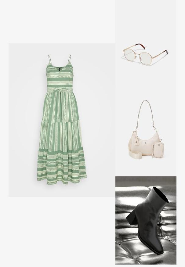Robe maxi rayée verte et blanche avec des bretelles spaghetti, présentant un corsage ajusté, une jupe en cascade et un détail de taille nouée.; Botte noire à la cheville en matériau brillant avec un bout carré et un talon effilé, sur un fond argenté brillant et capitonné.; Lunettes ovales en métal doré avec des verres transparents. Accents écaille sur les branches. Plaquettes de nez réglables pour le confort.; Sac à main en cuir beige avec une forme courbée, une bandoulière en chaîne, quincaillerie en argent et une petite pochette amovible. Bandoulière texturée avec un motif de logo.