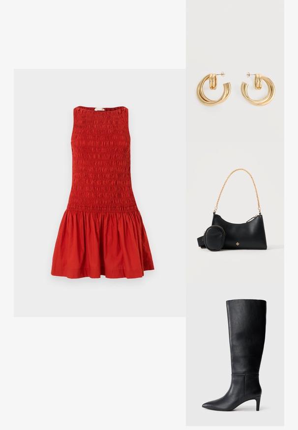 Rotes ärmelloses Kleid mit einem gerafften Oberteil und einem ausgestellten Rock, gefertigt aus strukturiertem Stoff mit einer eingesammelten Taille.; Schwarze knielange Stiefel aus glattem Leder, mit spitzem Zeh und einem Mittelhohen Absatz, mit einem einfachen und eleganten Design.; Schwarze Lederhandtasche mit kleinem angebrachtem Täschchen und goldener Kette als Träger auf hellem einfarbigem Hintergrund.; Paar glänzende goldene Doppel-Loop-Creolen mit Steckverschlüssen vor weißem Hintergrund.