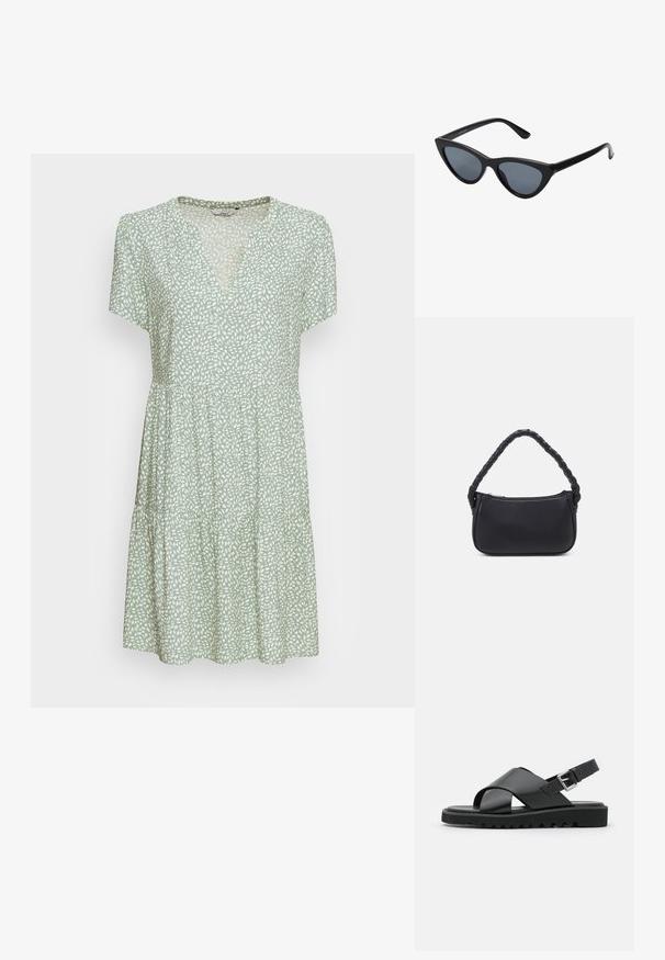 Vestido corto verde con mangas cortas, escote en V y falda acampanada. Presenta un patrón de hojas blancas en toda la tela.; Sandalias de cuero negras con diseño de tiras cruzadas, hebilla ajustable y suela texturizada con estrías para un mejor agarre.; Gafas de sol negras en forma de ojo de gato con lentes gris oscuro, marco de plástico elegante, esquinas puntiagudas y patillas rectas. Sin herrajes ni acentos visibles.; Bolso negro de forma redondeada, hecho de material liso. Presenta un asa trenzada y un cierre de cremallera para un almacenamiento seguro.