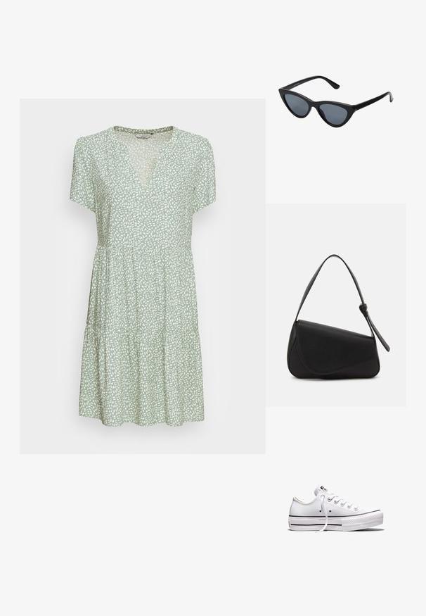Robe verte courte avec des manches courtes, décolleté en V et jupe à volants. Elle présente un motif de feuilles blanches sur tout le tissu.; Baskets basses en toile blanche avec lacets blancs, semelle en caoutchouc, détails à rayures noires, et écusson logo sur la languette et le talon.; Lunettes de soleil noires en forme d'œil de chat avec des verres gris foncé, monture en plastique élégante, coins pointus et branches droites. Pas de métal visible ni d'accents.; Sac à main en cuir noir de forme triangulaire, avec un rabat incliné et une poignée supérieure arrondie. Il présente une texture lisse et des détails de design minimalistes.