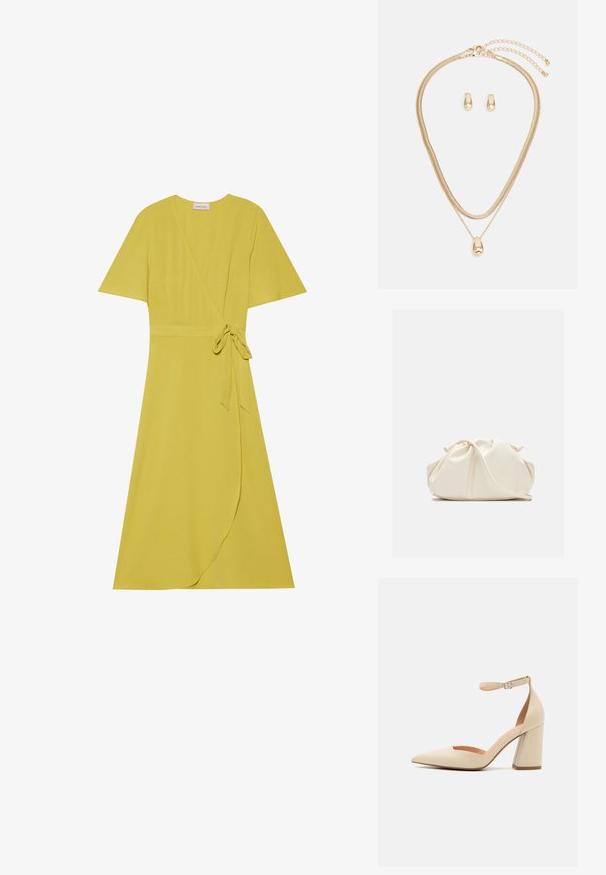 Gelbes Wickelkleid mit kurzen Ärmeln, Bindegürtel in der Taille und fließendem Saum. Hergestellt aus einem weichen, strukturierten Stoff.; Beige Lackleder-High-Heel-Pumps mit spitzen Zehen, Knöchelriemen und dicker Absatzhöhe. Glatte Textur mit minimalen Steppdetails.; Weiche, cremefarbene Leder-Clutch mit gerafftem Design und einem dünnen Schulterriemen, der vorne auf einem schlichten Hintergrund liegt.; Goldschmuckset mit einer mehrschichtigen Halskette und einem Tropfenanhänger sowie passenden Ohrsteckern, alles in einem polierten Finish.