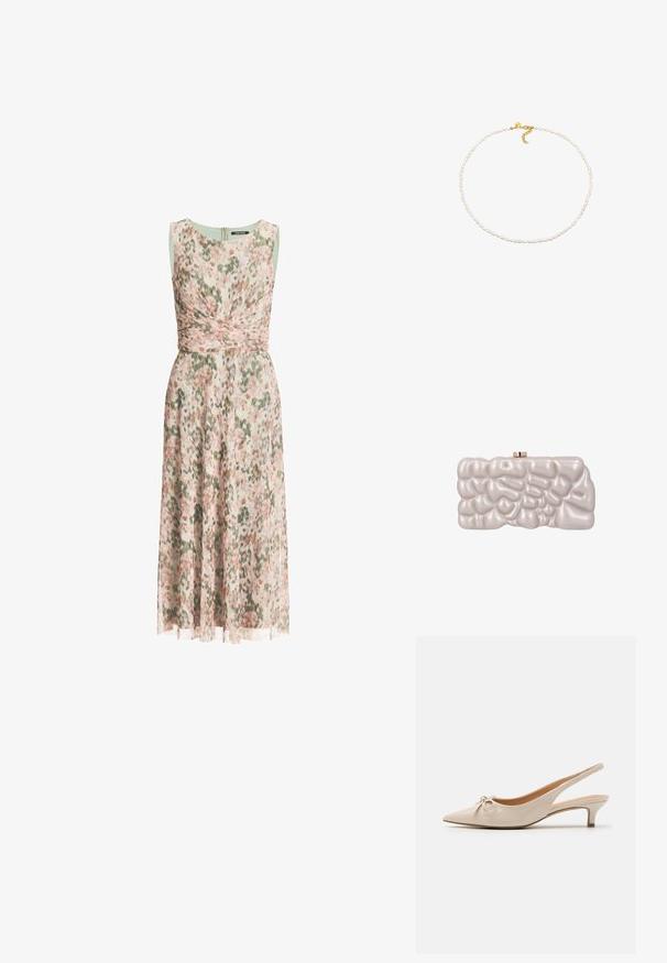 Ærmeløs midi-kjole med pink og grøn floral mønster, rund halsudskæring, figursyet talje med indpakningsdetalje og flydende nederdel.; Beige patenterede læder slingback hæle med spidse tæer og en dekorativ sløjfe på vampen. Inkluderer en lav, slank hæl og en glat tekstur.; Cremefarvet clutch-taske med en skinnende, ujævn, bobleagtig tekstureret overflade og en lille guldfarvet lås på toppen.; Perlekæde med små, uregelmæssigt formede hvide perler trådt sammen. Har en guld lås med kæde, der kan justeres.