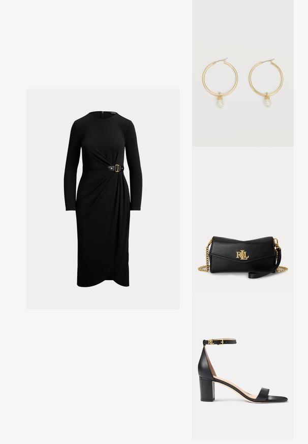 Sort kjole med lange ærmer, rund halsudskæring, snoet stofdetalje ved taljen og et sort bælte med guldaccenter.; Lauren Ralph Lauren LOGAN BURNISHED LEATHER SANDAL - Sandaler - black; Sort læderclutch med guld RLL-logo foran, guldkæde-rem og aftagelig læderrem til håndleddet på hvid baggrund.; Guld hoops øreringe, hver med en enkelt hængende hvid perle og små rhinsten detaljer på en lys baggrund.