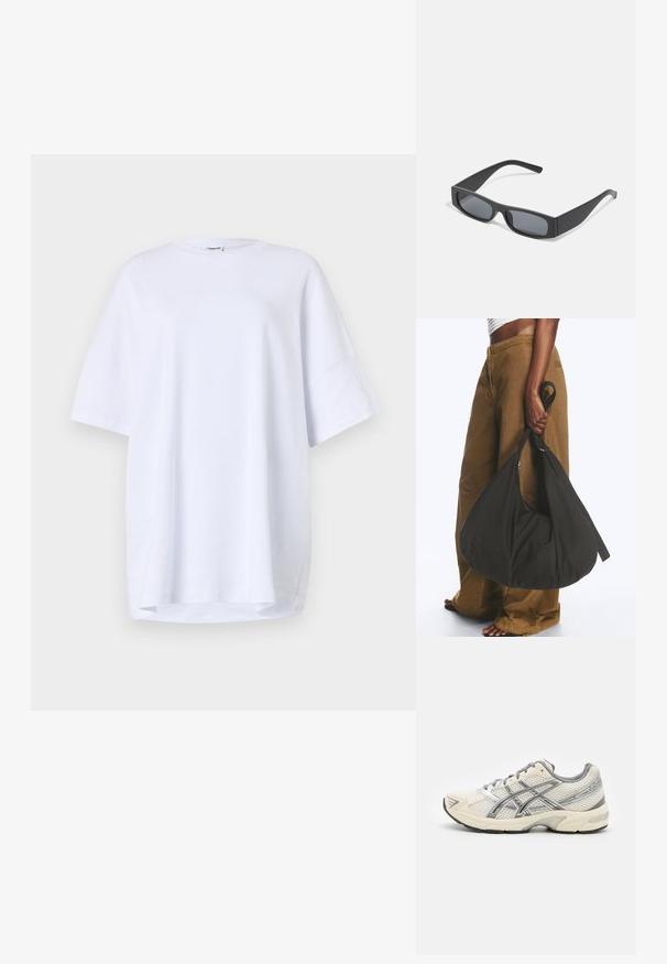 Oversized, kurzärmliges weißes T-Shirt aus Baumwolle. Runder Halsausschnitt, Seitenschlitze am Saum und glatte Textur ohne sichtbare Muster oder Akzente.; Laufschuhe mit einem atmungsaktiven weißen Mesh-Obermaterial, silbernen Akzenten, grauen Schnürsenkeln und einer langlebigen schwarzen Gummisohle. Leichtes, gepolstertes Design.; Schwarze rechteckige Sonnenbrillen mit dunklen Gläsern und dicken matten Rahmen. Die Bügel sind leicht verjüngt und haben eine glatte Oberfläche.; Person trägt braune weite Hose und weißes Oberteil und hält eine große schwarze weiche Handtasche an der Seite am Trageriemen.
