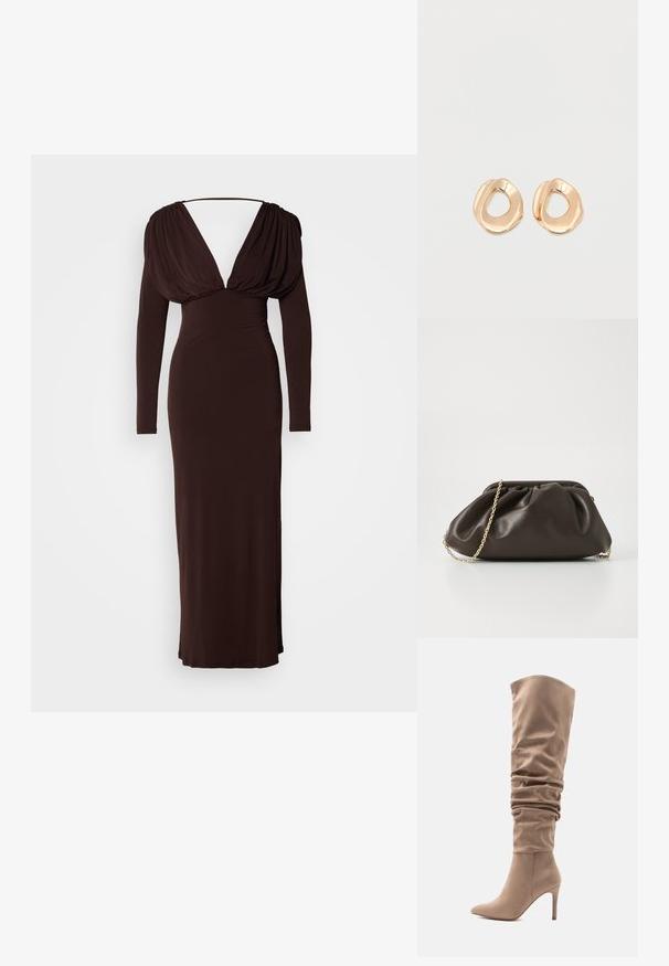 Robe longue marron en tissu extensible, avec un décolleté en V profond et des manches longues drapées. Silhouette élancée avec une traîne discrète.; Botte en simili daim beige allant au-dessus du genou avec un design décontracté, un bout pointu et un talon aiguille de 10 cm. Texture lisse et style minimaliste.; Sac à main en cuir marron avec un design froncé, une bandoulière en chaîne dorée et une finition douce et texturée. Sa forme compacte est idéale pour une utilisation en soirée.; Paired boucles d'oreilles en métal doré poli de forme irrégulière avec un centre ouvert sur un fond blanc uni.