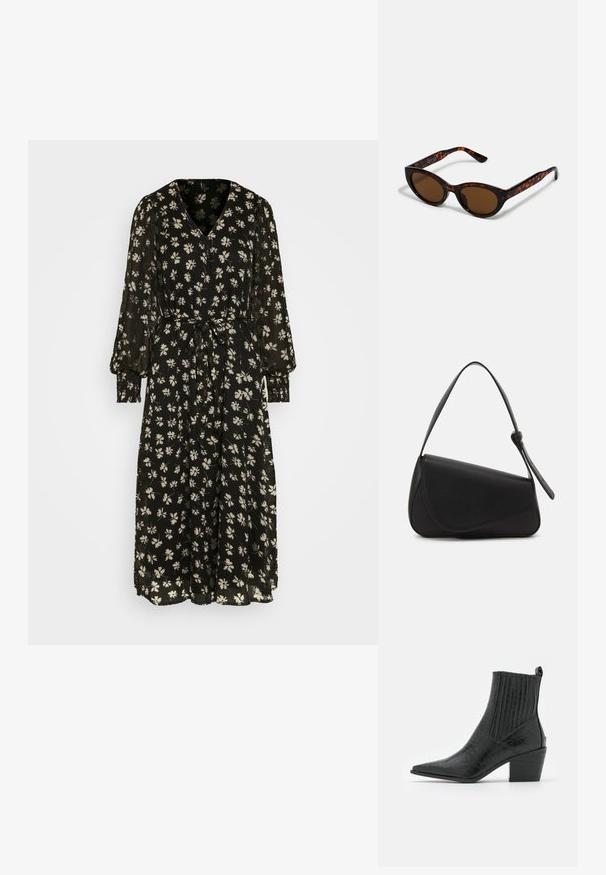 Vero Moda VMPICA V NECK DRESS - Jurk - black/pica; RAID ROCCO - Cowboy-/Bikerlaarsjes - black; Bruine schildpad zonnebril met een vintage cat-eye vorm en bruine lenzen. Heeft gebogen armen met rode accenten.; Zwart leren handtas met een driehoekige vorm, schuine klep en een ronde handgreep. Heeft een gladde textuur en minimalistische ontwerpelementen.