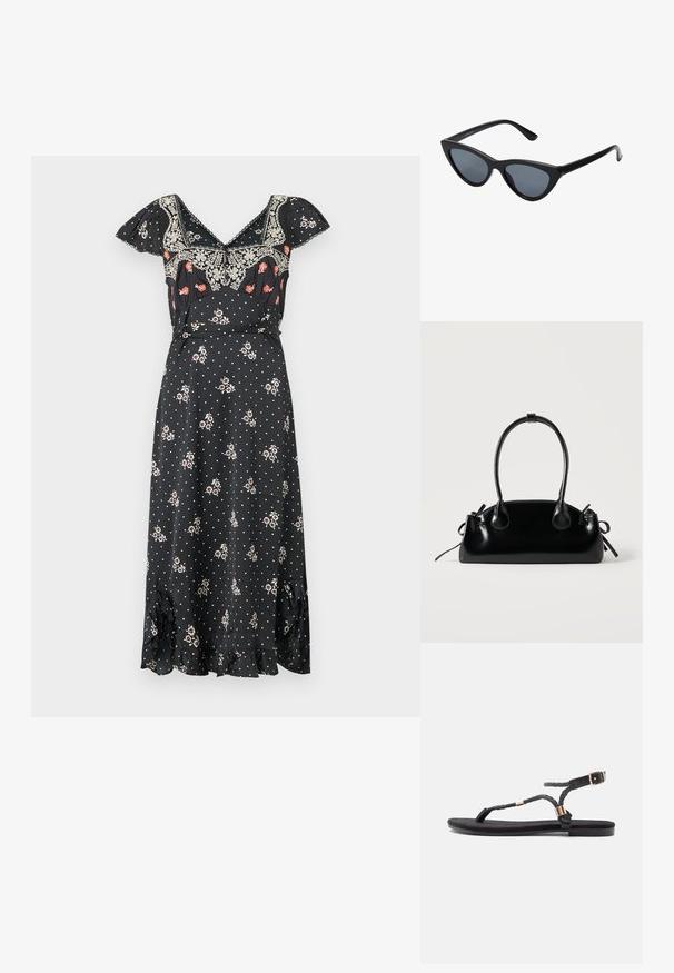 Vestido midi negro con estampados florales y de lunares. Cuenta con escote en v, mangas cortas con volantes y un dobladillo con volantes. Hecho de tela ligera.; Sandalias planas negras con tiras trenzadas y un acento metálico. Presentan una hebilla ajustable y una suela de goma plana para mayor comodidad.; Gafas de sol negras en forma de ojo de gato con lentes gris oscuro, marco de plástico elegante, esquinas puntiagudas y patillas rectas. Sin herrajes ni acentos visibles.; Pequeño bolso negro brillante con dos asas largas y detalles de cordón lateral sobre un fondo claro liso.