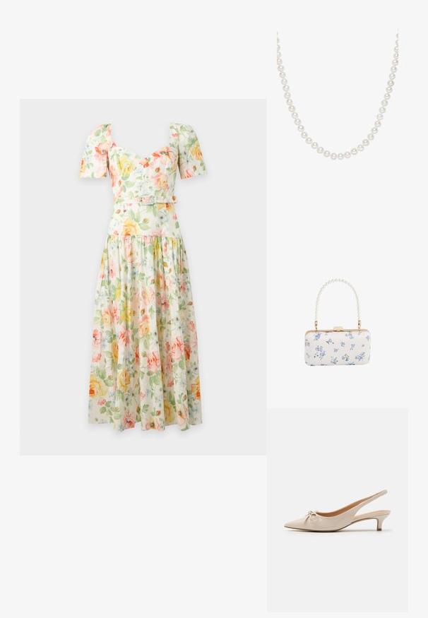 Vestido midi floral con mangas abullonadas, escote corazón, cintura ajustada con cinturón y falda fluida en tonos pasteles amarillo, rosa y verde.; Tacones slingback de charol beige con puntera afilada y un lazo decorativo en el empeine. Incluyen un tacón bajo y estilizado con una textura suave.; Clutch rectangular blanca con patrón floral azul y asa con cuentas de perlas, herrajes en tono dorado y cierre con broche.; Collar de perlas blancas con perlas redondas de tamaño uniforme y textura lisa, ensartadas juntas para formar un diseño clásico.