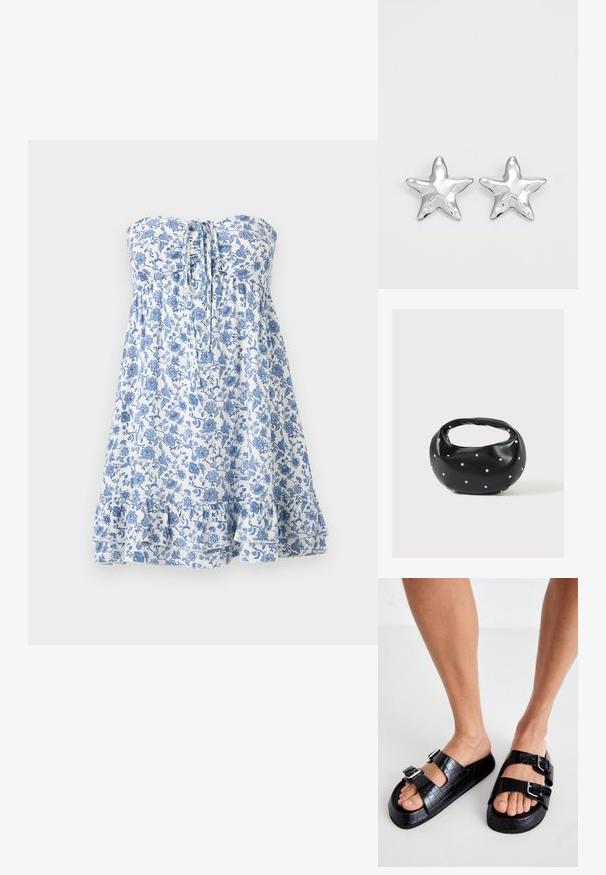 Hvid skulderløs kjole med blåt blomsterprint, rynket kant og snørredetalje foran, designet til en løs, flydende pasform.; Sorte sandaler i imiteret krokodillelærred med to justerbare spænder. Tykt sål og åben tå design. Struktureret overflade og flad form.; Sort læderhåndtaske med en rundet form, dekoreret med sølvnitter, og et kort håndtag. Glat tekstur og lynlåslukning.; Sølvstjernede øreringe med en poleret, blank overflade. Hver ørering har fem spidser og subtile teksturdetaljer på overfladen.