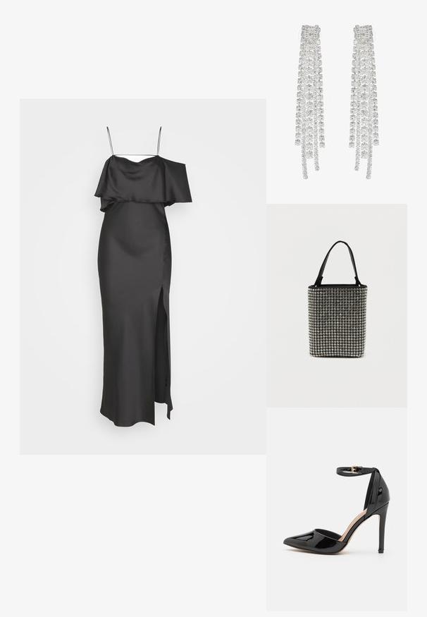 Weekday ELIA OFF SHOULDER DRESS - Oblečenie na špeciálnu príležitosť - anthracite grey; Čierna lakovaná kožená vysoká topánka s špicatou špičkou, remienkom okolo členka a štíhlým stiletto podpätkom. Hladká textúra s lesklým povrchom.; Čierna kabelka pokrytá obdĺžnikovými striebornými cvočkami, s dvoma čiernymi ušami a štruktúrovaným, obdĺžnikovým tvarom. Pevný základ.; Dlhé strieborné náušnice s množstvom priehľadných, fasetovaných kryštálov v kaskádových pramienkoch rôznych dĺžok a tvarov.