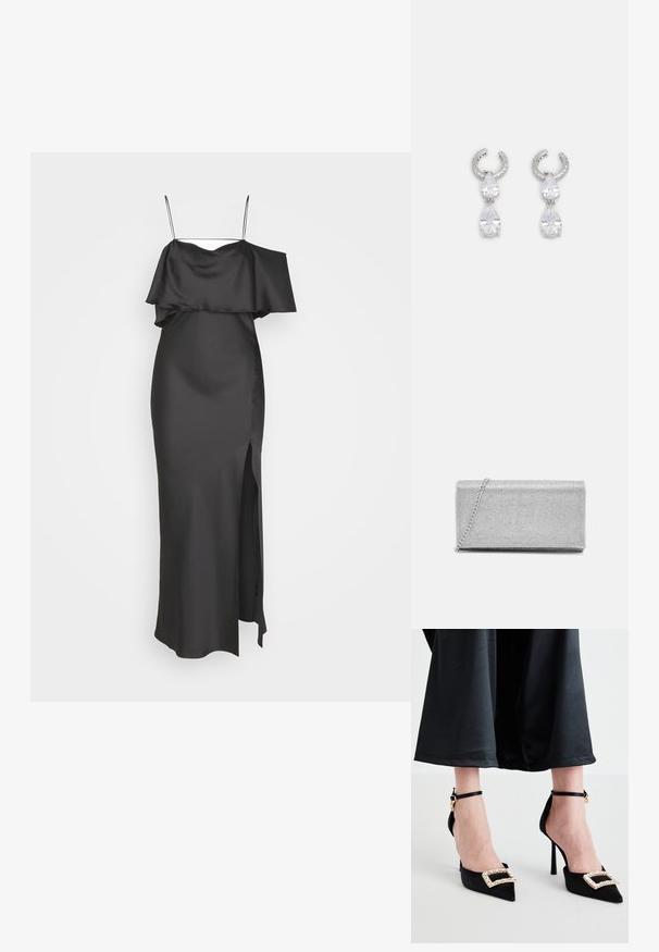Weekday ELIA OFF SHOULDER DRESS - Gallakjole - anthracite grey; Sorte satin højhælede sko med spidse tæer, der har en dekorativ rhinesten spænde og tynde ankelremme.; Sølvmetallic clutchtaske med vævet netdesign, rektangulær form og en kædestrop til at bære. Glat tekstur og poleret finish.; Sølv øreringe med et tekstureret hoops-design, der har to klare dråbeformede krystaller og en mindre firkantet krystal nederst.