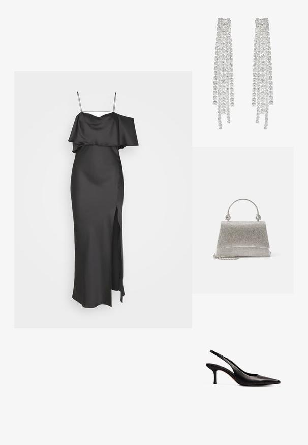 Weekday ELIA OFF SHOULDER DRESS - Ballkleid - anthracite grey; NA-KD Pumps - black; ALDO FELISIA - Handtasche - silver-coloured; Lange silberne Ohrringe mit einer Vielzahl von klaren, facettierten Kristallen in kaskadierenden Strängen unterschiedlicher Längen und Formen.