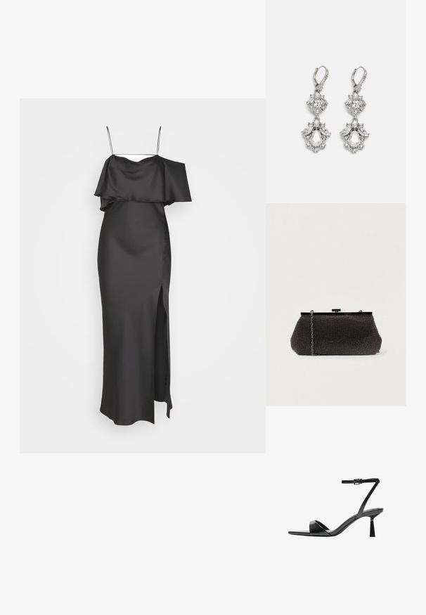 Weekday ELIA OFF SHOULDER DRESS - Ballkleid - anthracite grey; Bershka High Heel Sandalette - black; Schwarze Mesh-Clutch mit strukturierter Silhouette, verziert mit kleinen metallic-nieten, besitzt einen Verschluss mit Klappe und einen abnehmbaren Kettenriemen.; Silberfarbene Ohrringe mit mehreren klaren Kristallgemmen in Tropfen- und Marquiseformen, mit Klappverschluss und kunstvollen Details.