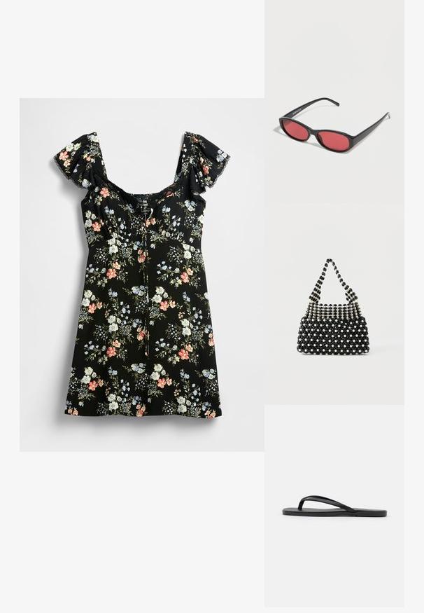 Vestido negro con estampado floral, mangas abullonadas, escote cuadrado y corsé ajustado. Incluye patrones florales coloridos en rosa, azul y blanco.; Chanclas negras con un diseño minimalista, suela plana, tiras estrechas y una textura suave. Sin patrones ni acentos adicionales.; Gafas de sol ovaladas negras con varillas delgadas y lentes tintados de rojo descansando sobre una superficie blanca.; Bolso de mano de cuentas en blanco y negro con un asa corta, que presenta cuentas alternas similares a perlas y cuentas negras facetadas en un patrón de tablero de ajedrez.