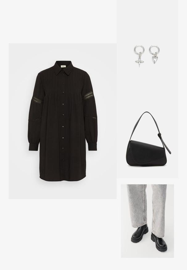 Robe noire à boutons avec un col élégant, en tissu texturé, dotée de manches bouffantes élastiques et de dentelles sur les manches.; Vagabond COSMO - Bottines à plateau - black; Sac à main en cuir noir de forme triangulaire, avec un rabat incliné et une poignée supérieure arrondie. Il présente une texture lisse et des détails de design minimalistes.; Boucles d'oreilles en argent en forme de cerceau avec un charme croix et cœur. Texture lisse et brillante avec une finition polie. Chaque charmepend d'une boucle sécurisée.