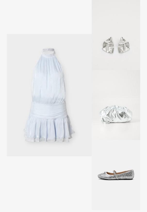 Robe bleu clair sans manches à col licou avec taille froncée et ourlet à volants superposés, en tissu brillant et plissé.; Ballerines en paillettes argentées avec un bout arrondi, une sangle élastique et un talon minimal. Surface texturée avec un éclat métallique et des finitions contrastées.; Pochette argent métallique avec un corps doux et froncé et une fine bandoulière. Présente une texture lisse et brillante ainsi qu'une forme arrondie.; Boucles d'oreilles en métal argenté avec un design ondulé et sculptural, présentant une finition polie et des formes irrégulières, mettant en valeur une esthétique contemporaine.