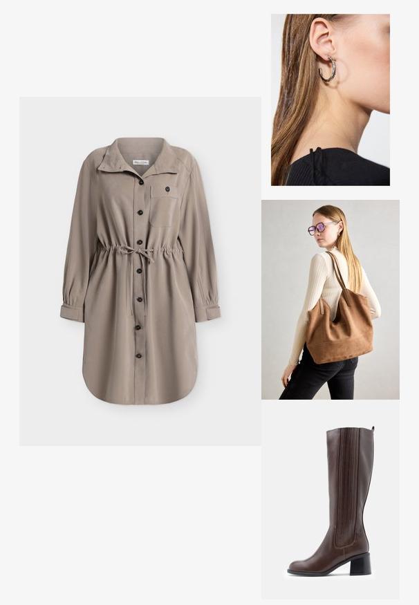 Beige blousejurk met lange mouwen, zwarte knopen aan de voorkant, verstelbare tailleband, borstzak en omslagmouwen.; Bruine leren laars tot aan de knie met verticale stiksels, een afgeronde neus en een blokhak. Glad oppervlak en minimalistisch ontwerpdetail.; Bruine suède totebag met zachte textuur, grote opening en lange hengsels. Het heeft een eenvoudig ontwerp met zichtbare stiksels en geen hardware.; Zilveren oorbel met een gepolijste afwerking, met kleine gouden accentdetails en een ronde vorm, gedragen op de oorlel.